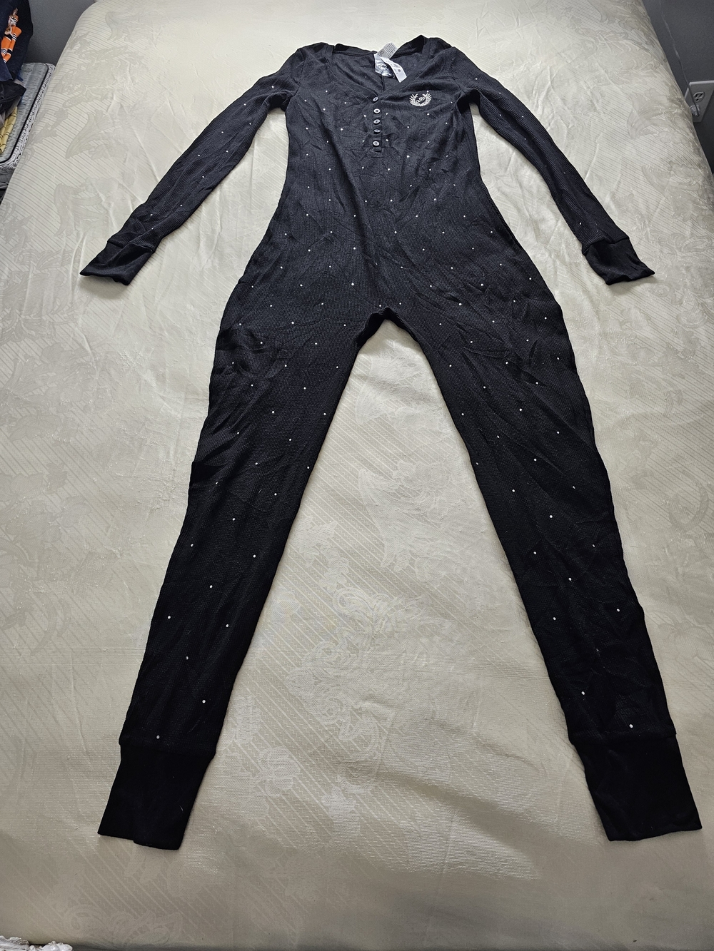 NWT Victoria's Secret PINK Black Bling Rhinestone Thermal One Piece Onesie M